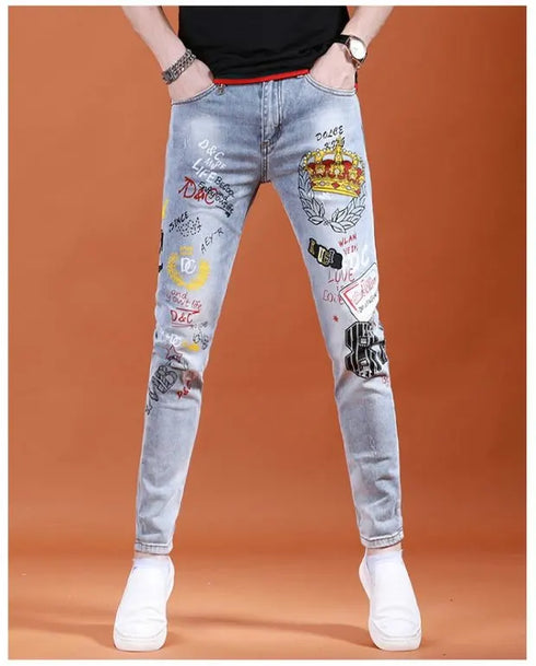 Slim Fit Korean Streetwear Graphical Printed Luxury Hip-Hop Stretch Denim Jeans for Men - Perfect Medium Wash Jeans Outfit